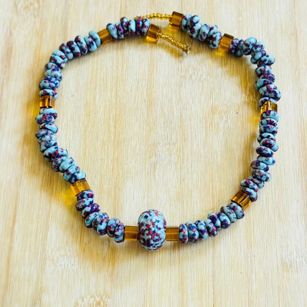 VTG African Trade Art Glass beads Necklace Blue Collar Beaded Confetti Statement